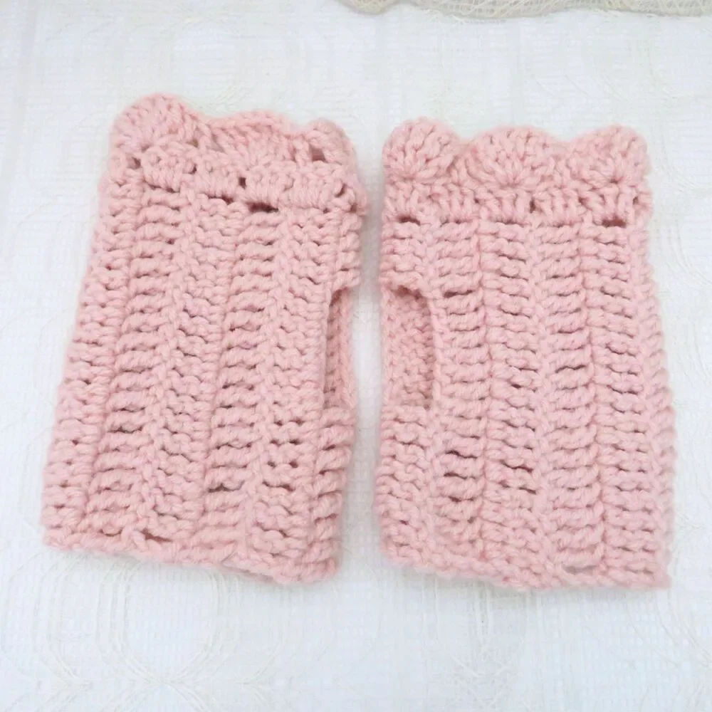 Fingerless Gloves, Peach Handwarmer Mittens, Handmade Crocheted Ruffled